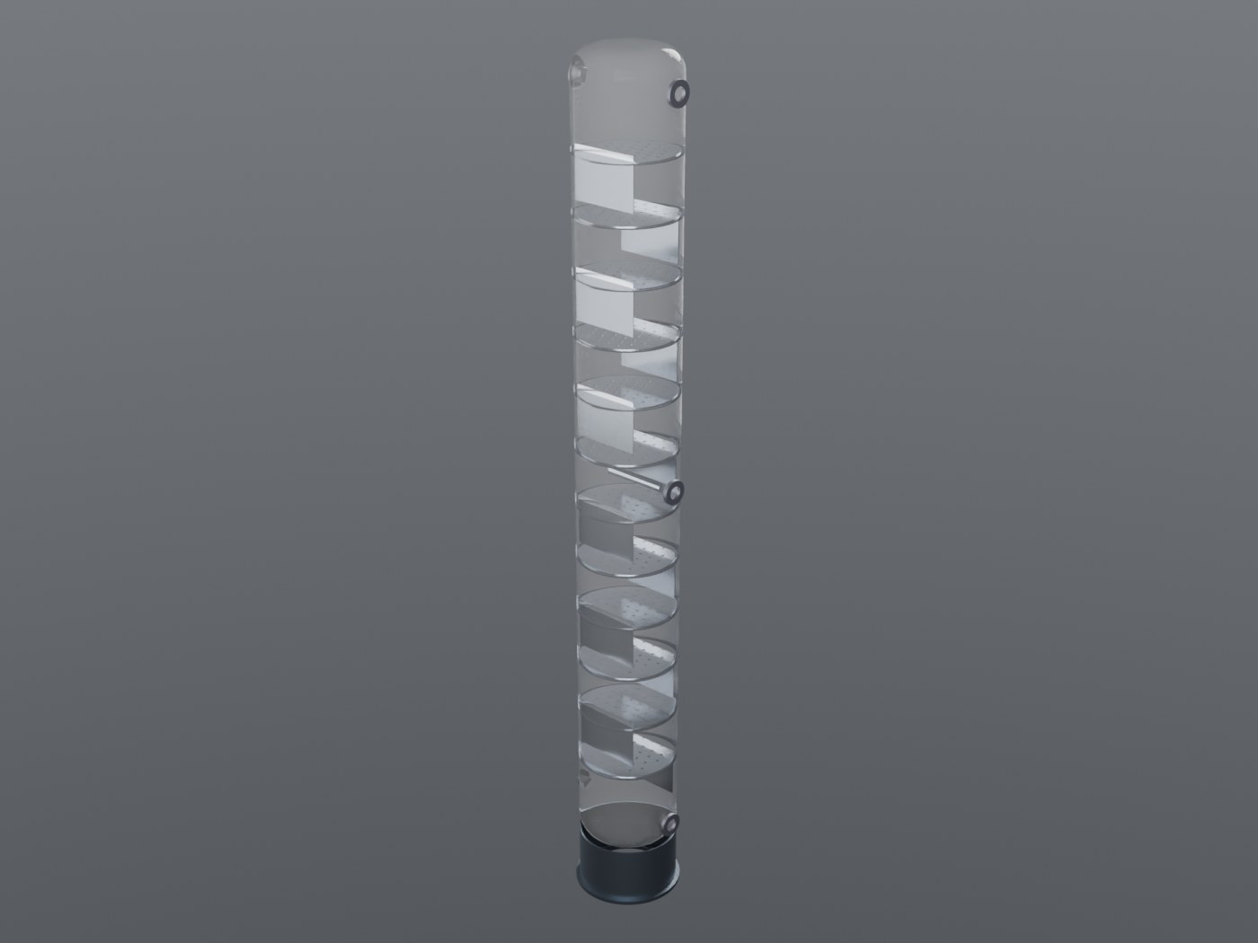 X-ray render of a distillation column revealing the stack of trays and downcomers inside the shell